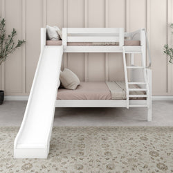 White bunk bed set with slide and ladder in modern kids' bedroom.
