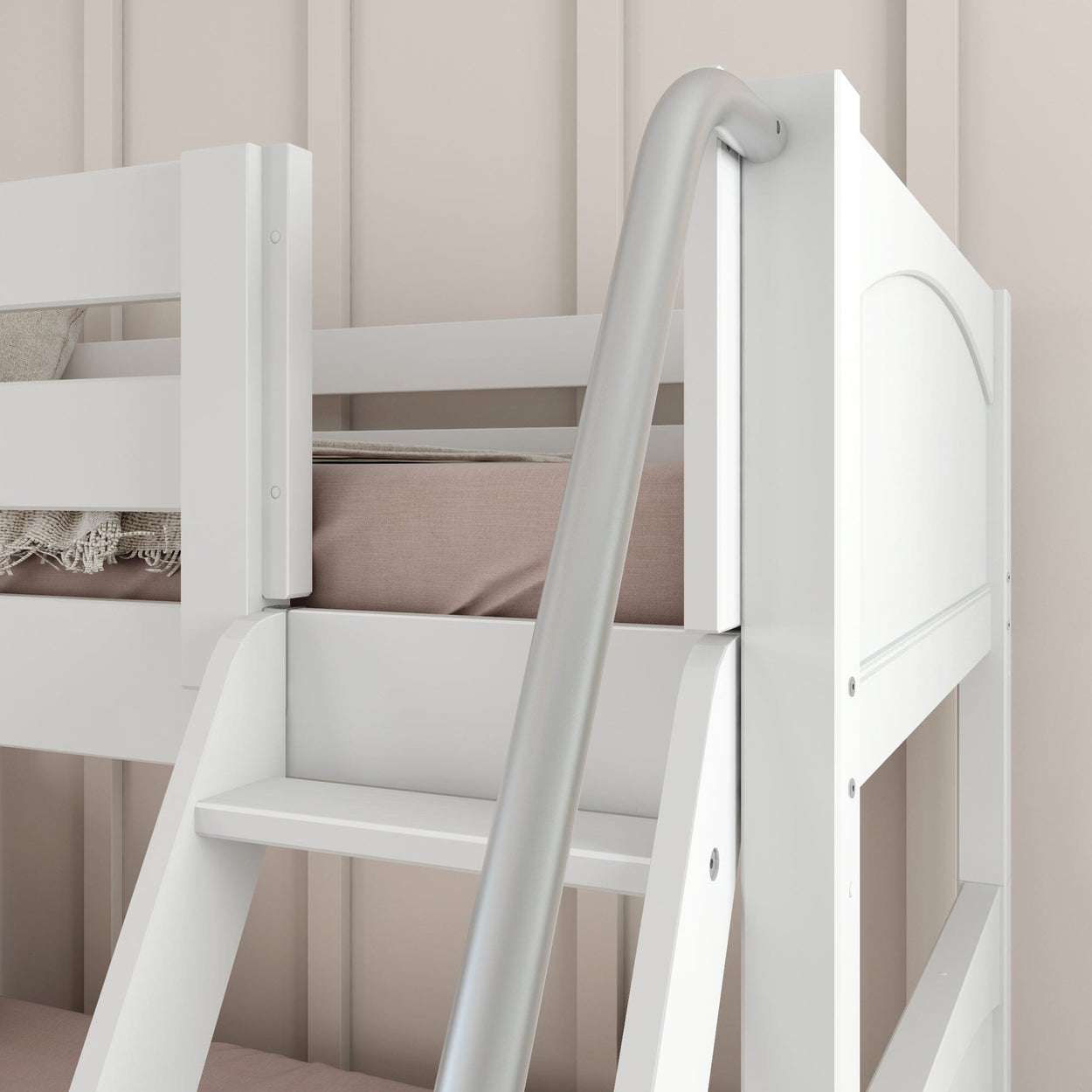 Modern white bunk bed with ladder in a stylish bedroom setting.