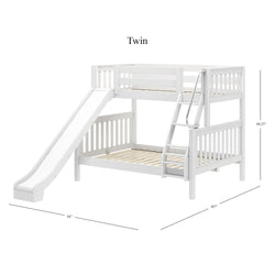 Twin size white wooden bunk bed with slide and ladder, dimensions 107 inches by 84 inches by 66.25 inches.