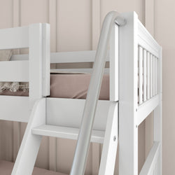 White bunk bed with pink bedding and ladder in modern bedroom.