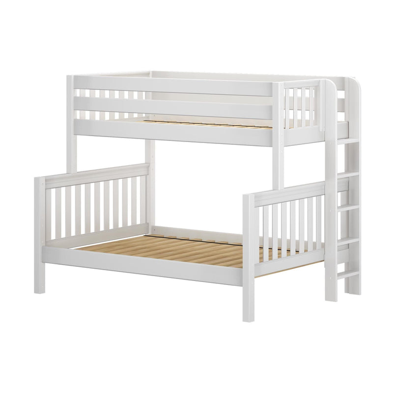 White wooden twin-over-full bunk bed with ladder and slatted guardrails, modern loft-style children's platform bed