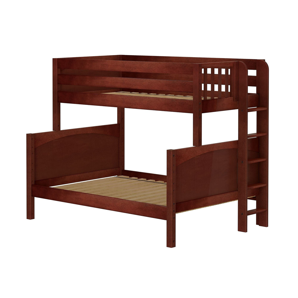 Wooden bunk bed frame with ladder in a dark brown finish.