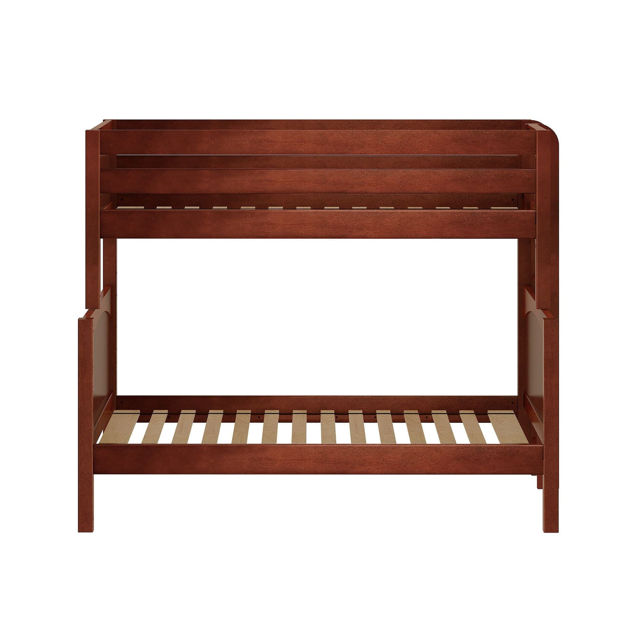 Brown wooden crib with slatted bottom and high safety rails.