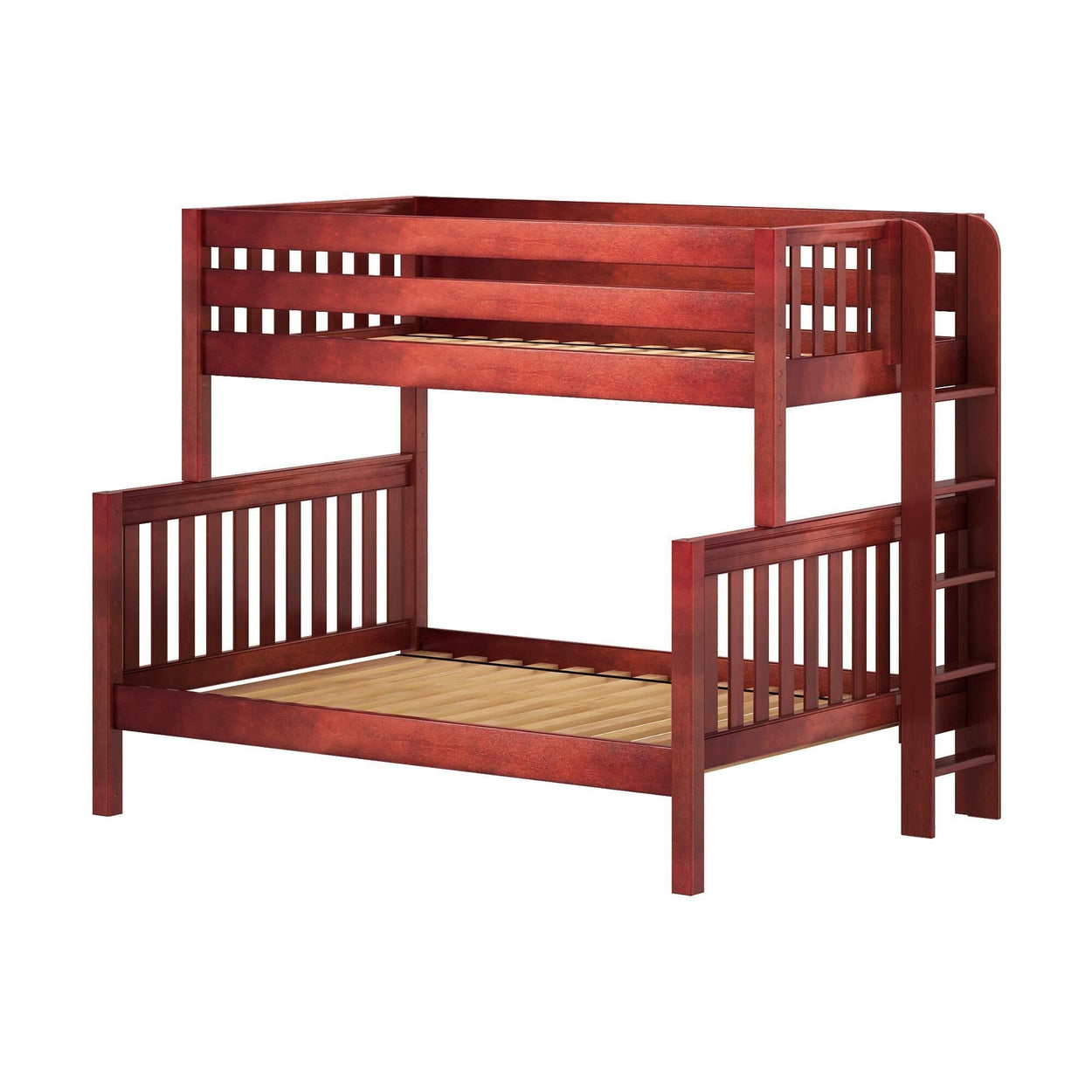 Wooden twin bunk bed with ladder in cherry finish.