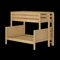Wooden bunk bed with ladder and natural finish.