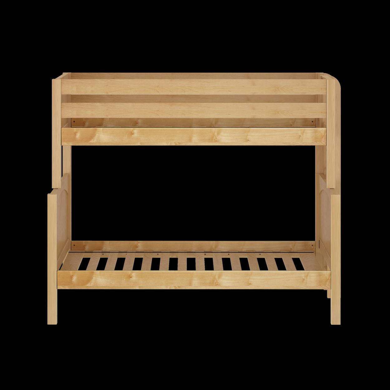 Wooden bunk bed frame with slatted base and natural finish, ideal for maximizing space in kids' bedrooms.