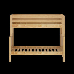 Wooden bunk bed frame with slatted base and natural finish, ideal for maximizing space in kids' bedrooms.
