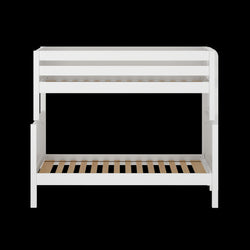 White wooden loft bed frame with slatted base, ideal for space-saving bedroom furniture.