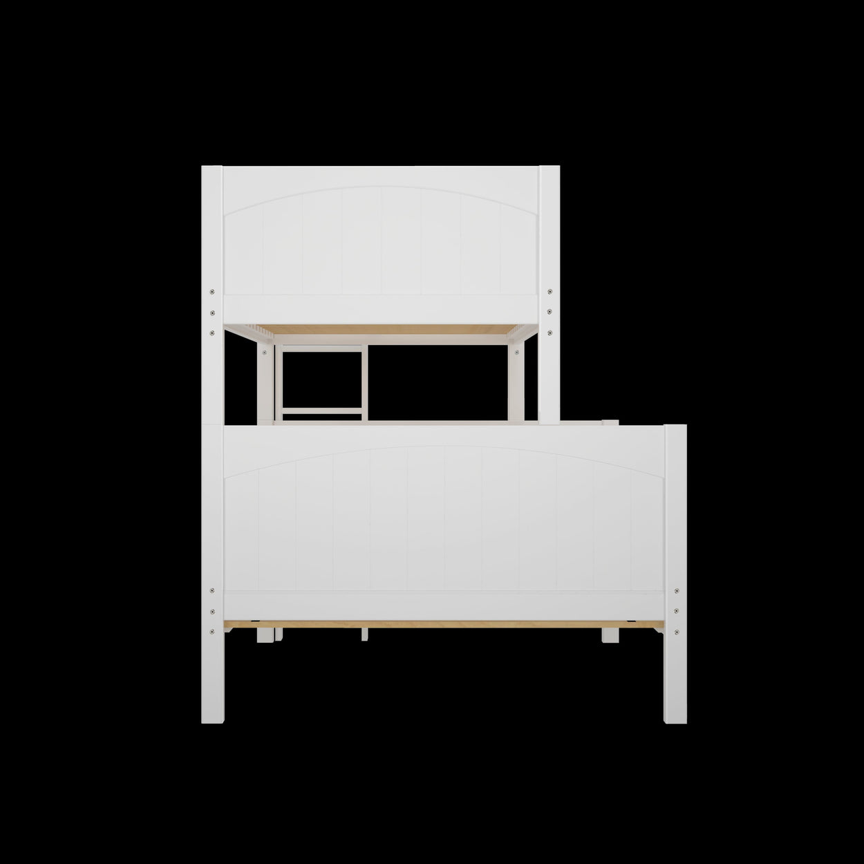 White wooden bunk bed frame for kids' bedroom furniture.
