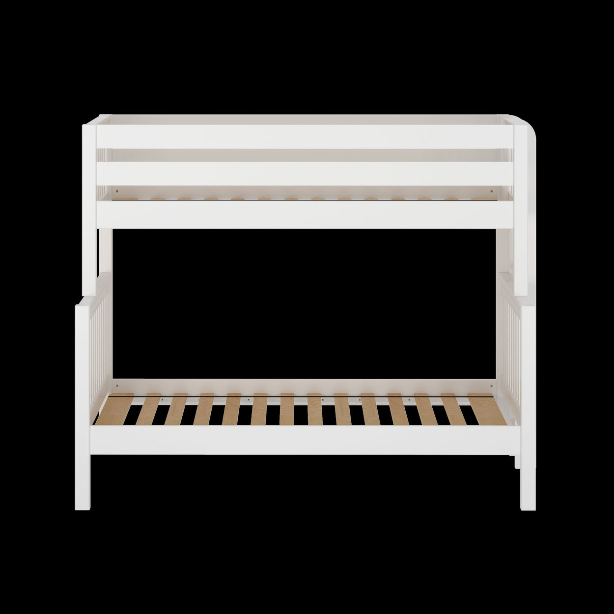 White wooden bunk bed frame on a black background for children's bedroom furniture.