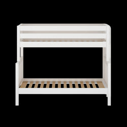 White wooden bunk bed frame on a black background for children's bedroom furniture.