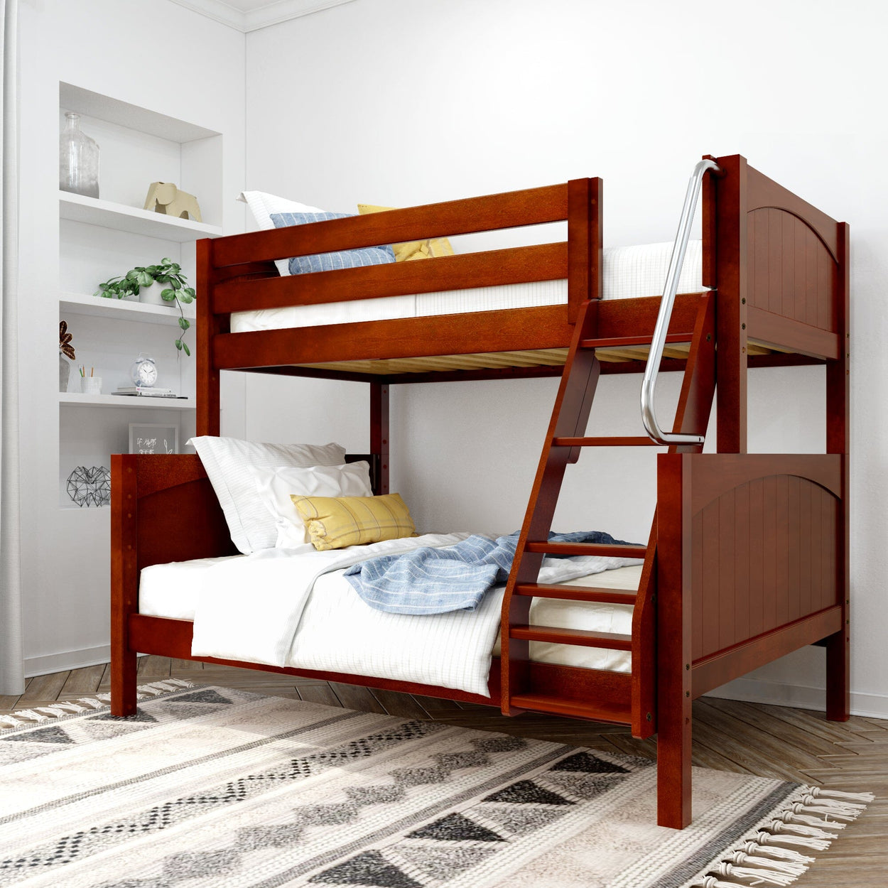Wooden bunk bed with ladder in modern bedroom interior with neutral decor.