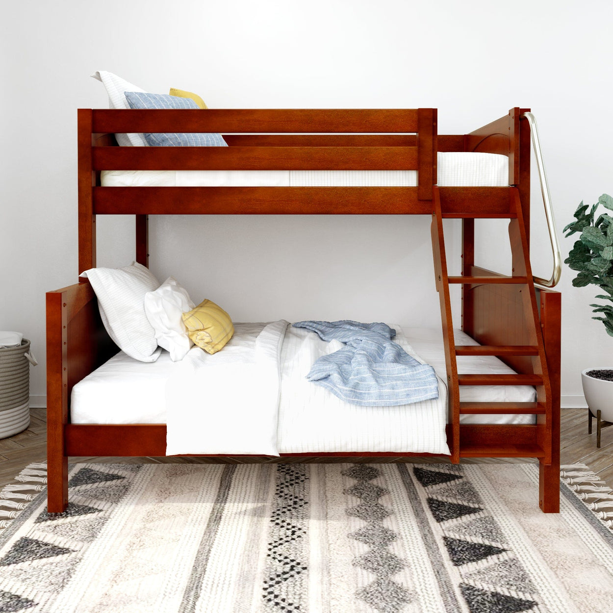 Wooden bunk bed with white bedding and decorative pillows in a modern bedroom setting.