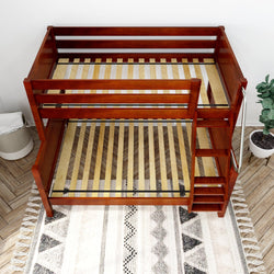Wooden bunk bed with ladder in a stylish bedroom setting on a patterned rug, perfect for maximizing space.