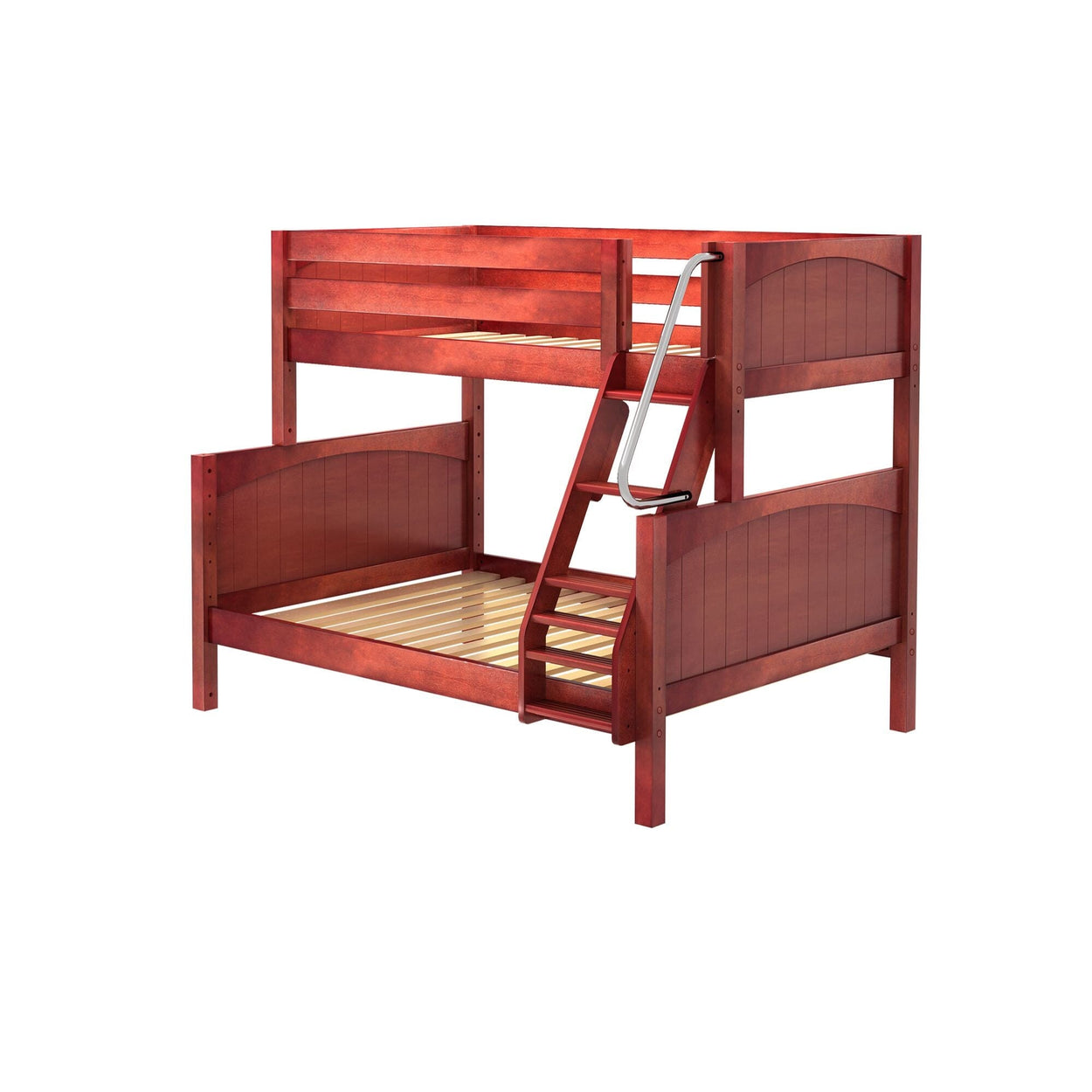 Wooden double bunk bed with safety rails and ladder for kids' bedroom.