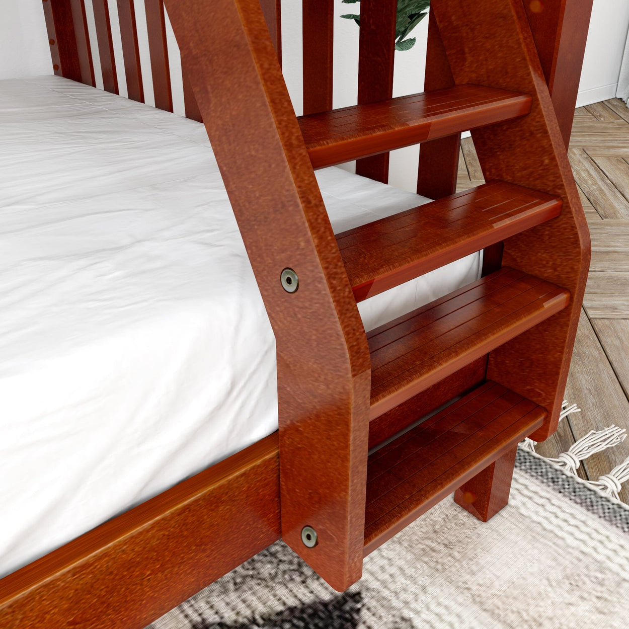 Wooden bunk bed ladder with sturdy steps and white bedding in a cozy bedroom setting.