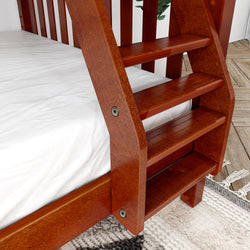 Wooden bunk bed ladder with sturdy steps and white bedding in a cozy bedroom setting.