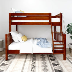 Stylish wooden bunk bed with white bedding and decorative pillows in a modern bedroom setting.