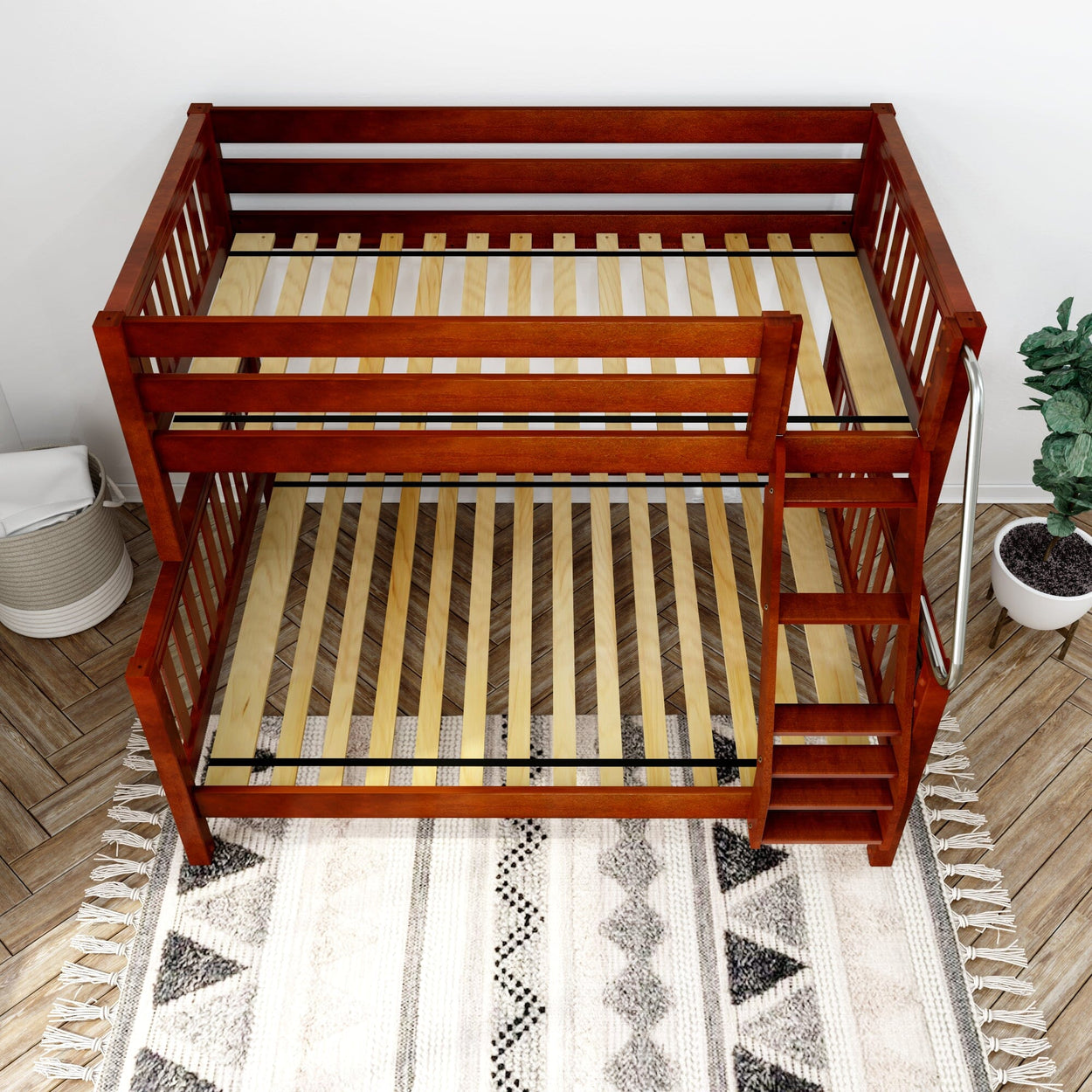 Wooden bunk bed with ladder in modern bedroom setting.