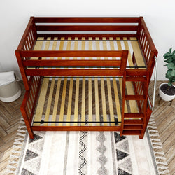 Wooden bunk bed with ladder in modern bedroom setting.