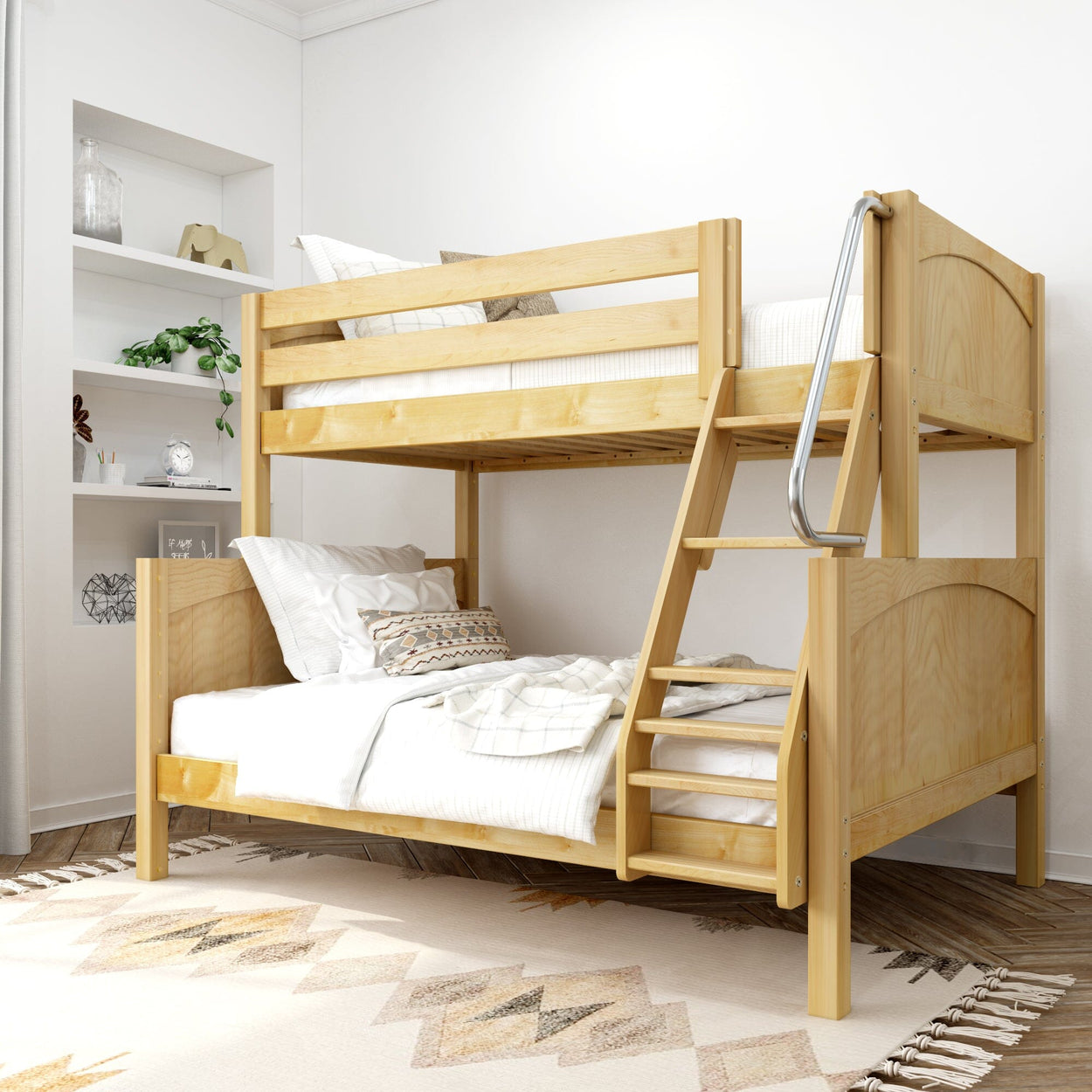 Wooden bunk bed with ladder in a cozy bedroom with white bedding and decorative pillows.