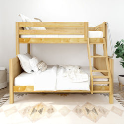 Wooden bunk bed with cozy bedding in a modern children's room.