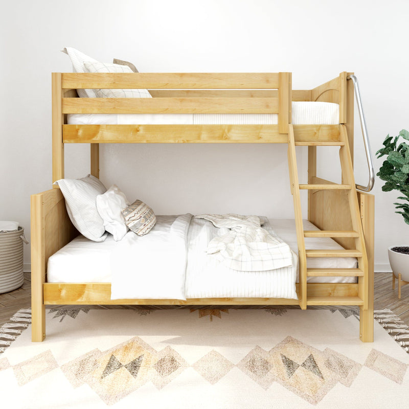 Twin-over-twin natural pine bunk bed with ladder and white bedding in a bright modern kids' bedroom