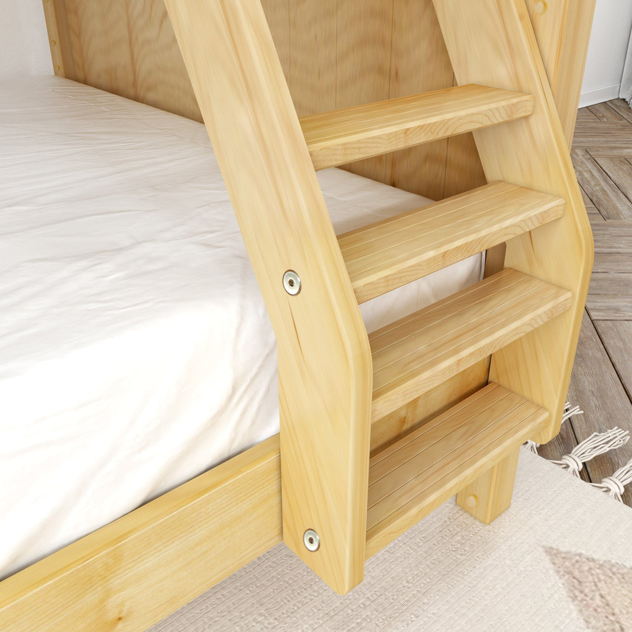 Wooden bunk bed ladder with a natural finish and white bedding.