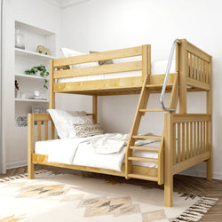 Wooden bunk bed with ladder in stylish bedroom setting.