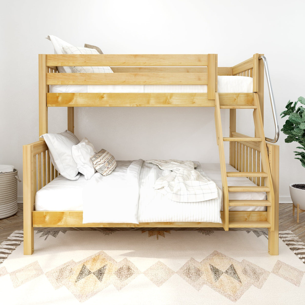 Wooden bunk bed with mattress in modern bedroom interior featuring a staircase ladder and cozy bedding.
