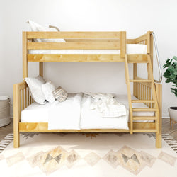 Wooden bunk bed with mattress in modern bedroom interior featuring a staircase ladder and cozy bedding.