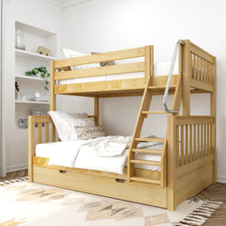 Wooden bunk bed with storage and ladder in modern bedroom setting.