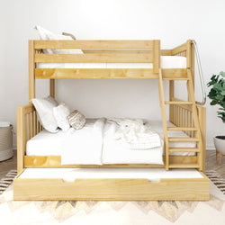 Wooden bunk bed with trundle and staircase in modern bedroom setting.