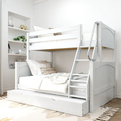 White wooden bunk bed with built-in ladder in modern bedroom setting.