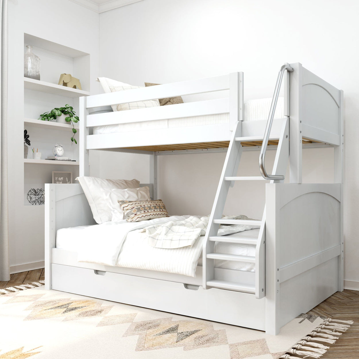 White wooden bunk bed with ladder in a modern bedroom setting featuring cozy bedding and decorative pillows.