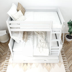White wooden bunk bed with stylish bedding in a modern bedroom, featuring a cozy atmosphere and decorative pillows.