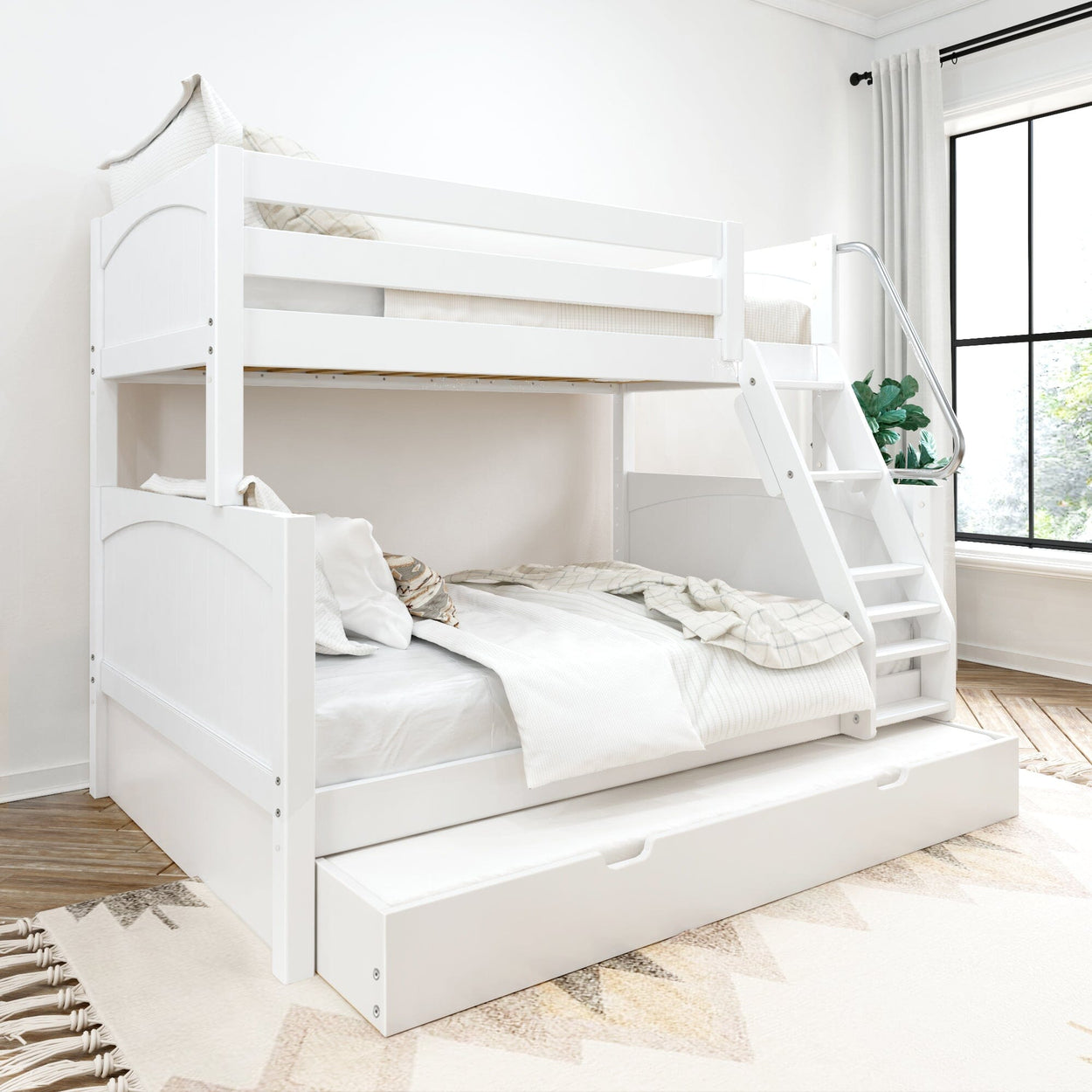 White wooden bunk bed with storage drawer in a modern, bright bedroom.