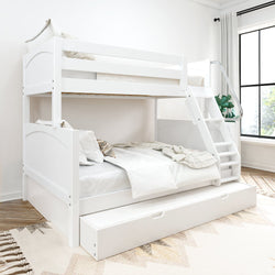 White wooden bunk bed with storage drawer in a modern, bright bedroom.