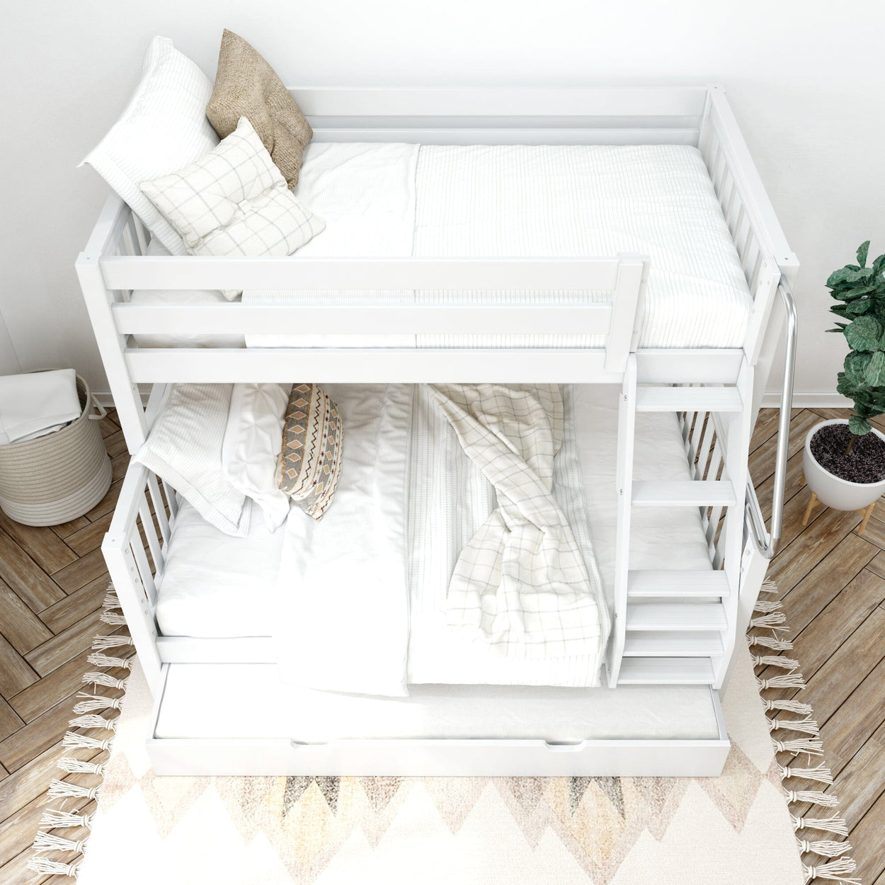White wooden bunk bed with crisp white bedding in a cozy bedroom setting, featuring a decorative rug and potted plant.