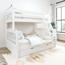 White wooden bunk bed with storage drawer in a bright, modern bedroom featuring patterned rug and large window.