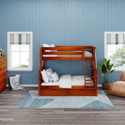 Wooden bunk bed in a cozy blue-paneled bedroom with modern decor.