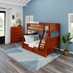 Stylish wooden bunk bed with a pull-out trundle in a cozy blue-themed bedroom featuring modern décor and hardwood flooring.