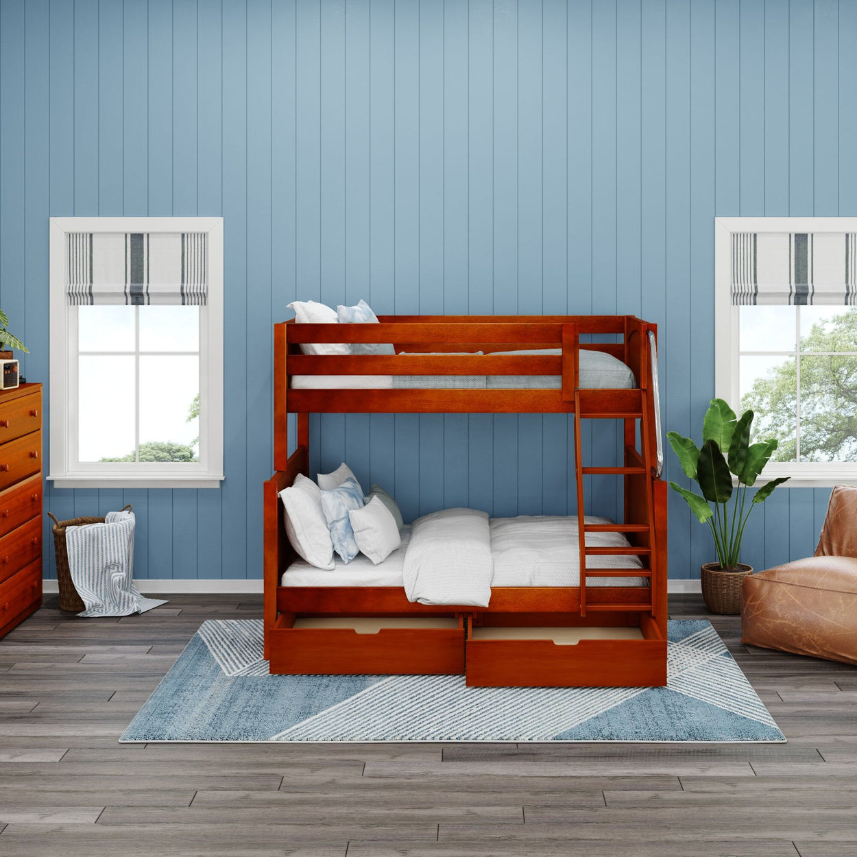 Wooden bunk bed in a blue-themed bedroom with natural light and modern decor.