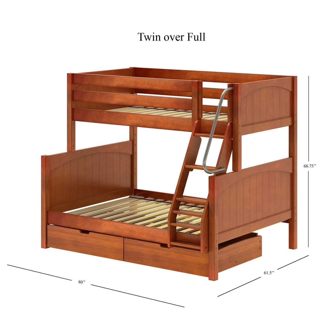 Wooden twin over full bunk bed with ladder and storage drawers, measuring 80 inches long, 61.5 inches wide, and 66.75 inches high.