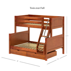 Wooden twin over full bunk bed with ladder and storage drawers, measuring 80 inches long, 61.5 inches wide, and 66.75 inches high.