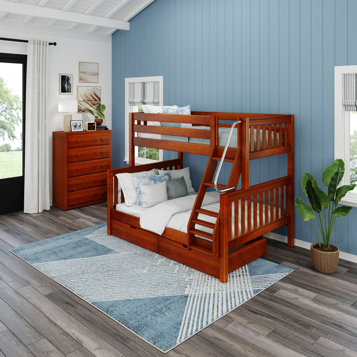 Bunk bed with wooden frame in modern bedroom with blue walls and decorative rug.
