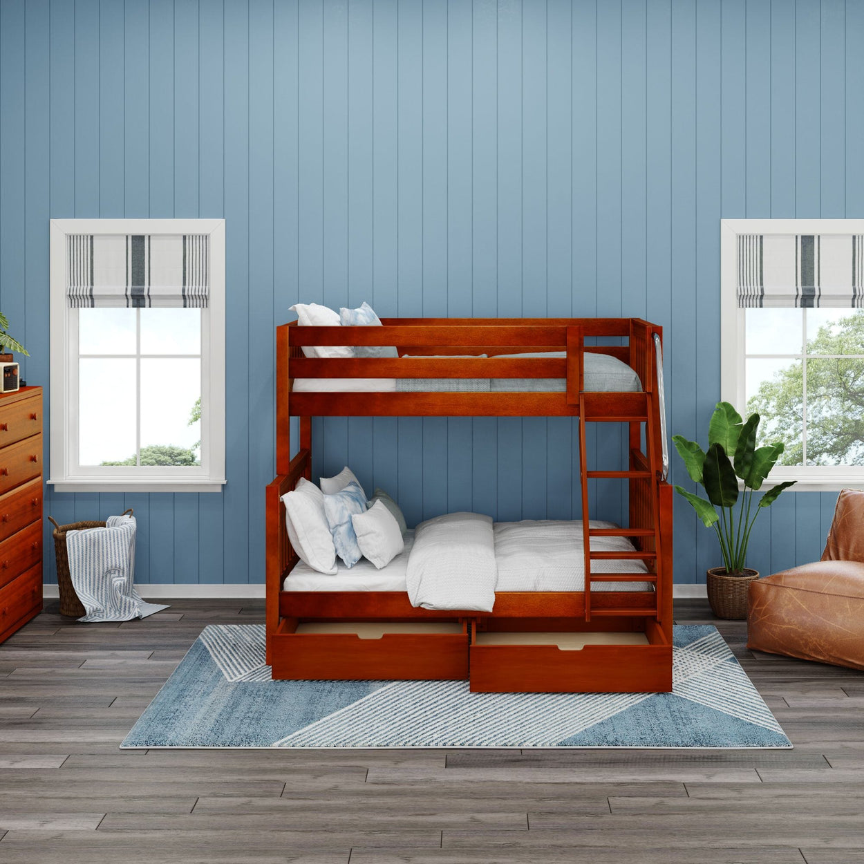 Wooden bunk bed with storage drawers in elegant blue bedroom featuring modern decor and natural light.