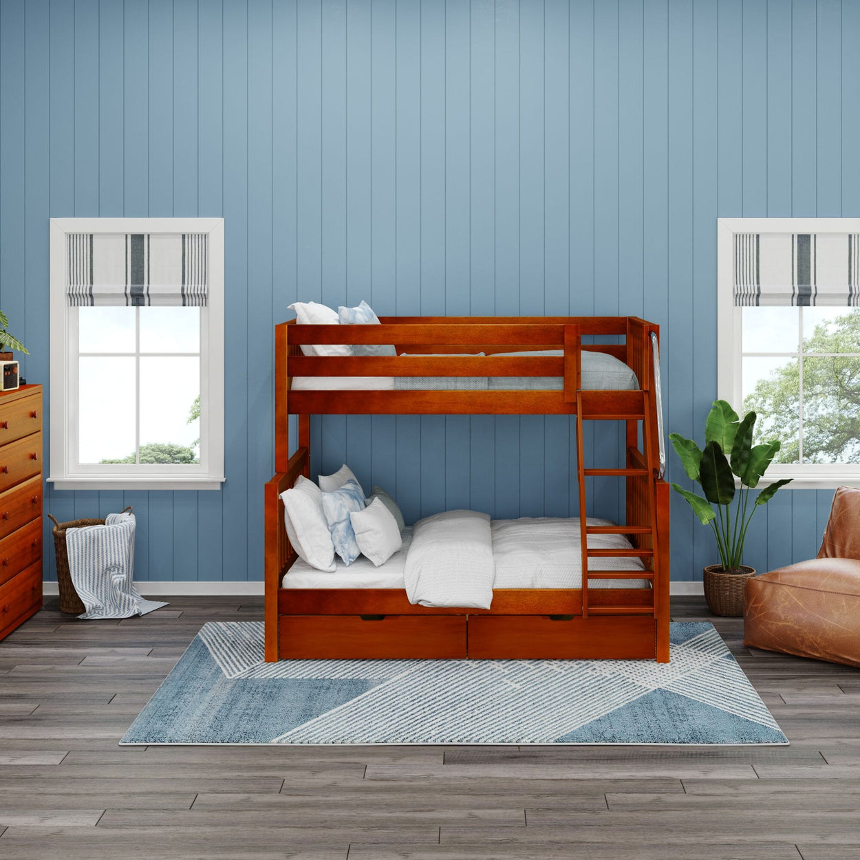 Rustic wooden bunk bed in cozy blue-themed bedroom with natural daylight.