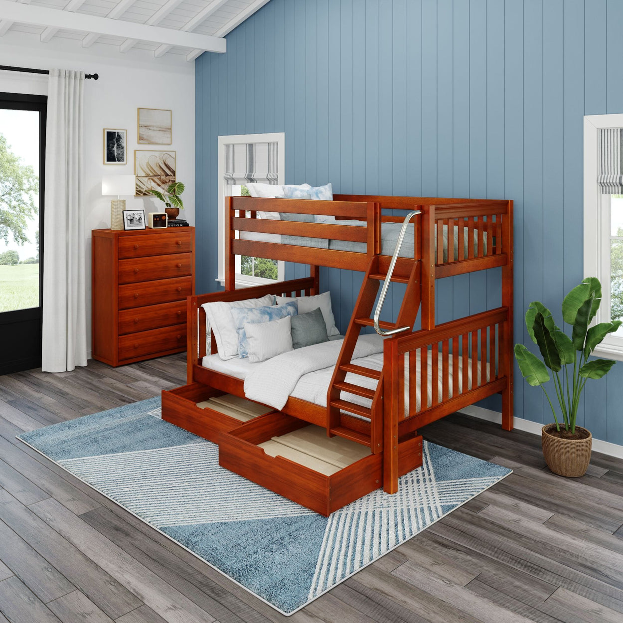 Wooden bunk bed with ladder and storage drawers in a stylish blue bedroom setting featuring a plant and decorative elements.
