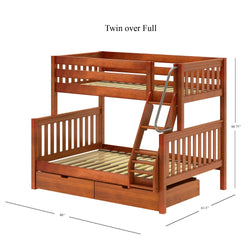 Wooden twin over full bunk bed with slatted design, ladder, and under-bed drawers, measuring 80 x 61.5 x 66.75 inches.